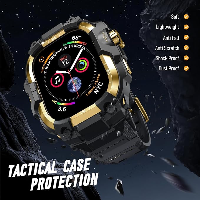 BXUXOHS Rugged Case and Band for Apple Watch 45mm Men, Compatible with Apple Watch Series 9/8/7, Military Grade Shockproof Bumper Cover, Tactical Band Case for iWatch 9/8/7 Man, Gold