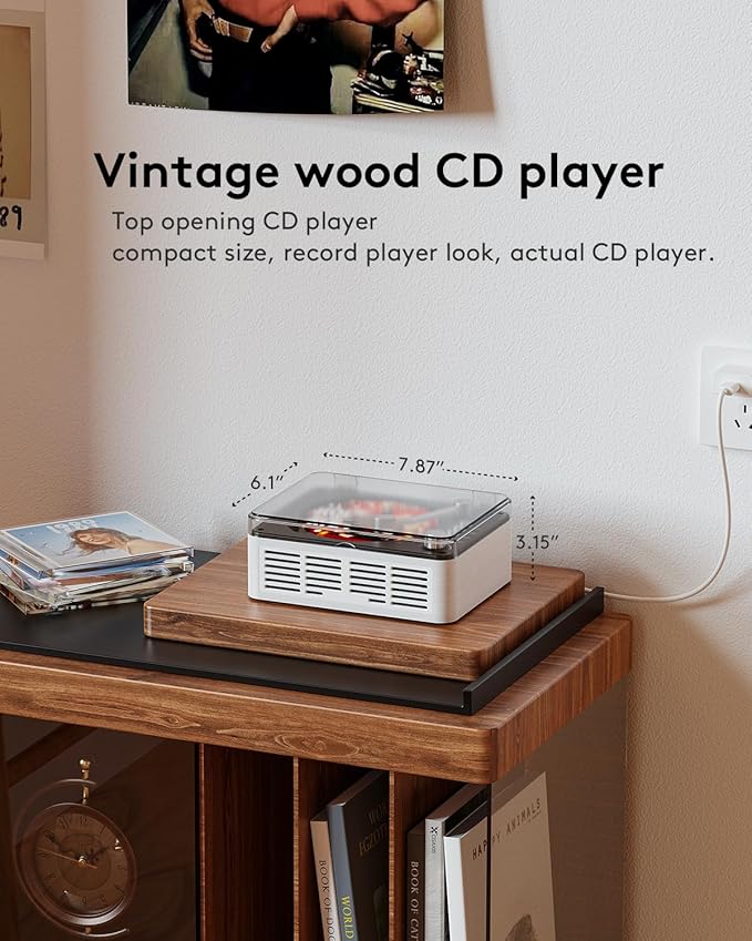 CARONSORT CD Player with Bluetooth Transmitter, Nostalgic Retro Wood Music Player, Built-in Speakers-Bass Boost, FM Radio for Home/Wired&Remote Control-White