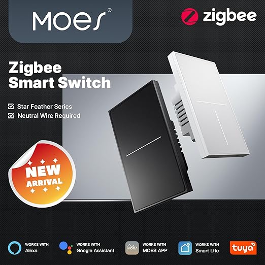 MOES Full Touch Smart Switch, ZigBee SF(Star Feather 2026 Version) Wall Light Switch, Neutral Wire Required, Anti-Glare Panel,Work with Smart Life/Tuya App, Alexa and Google Home White 1 Gang