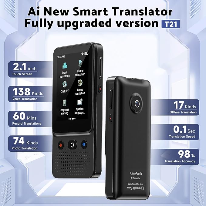 Language Translator Device, Voice Ai Translator Device T21 Wi-Fi Available, Two-Way 138 Languages 2026 Instant Translator Offline Recording Photo Translation Device for Business Travel Study