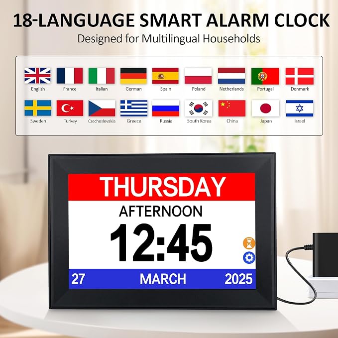 10.1" Touchscreen Digital Clock Large Display, Dementia Clocks for Seniors Custom 64 Alarms and Reminders, Auto DST, Auto-Dimming, Digital Alarm Clock with Day and Date for Elderly(Black)