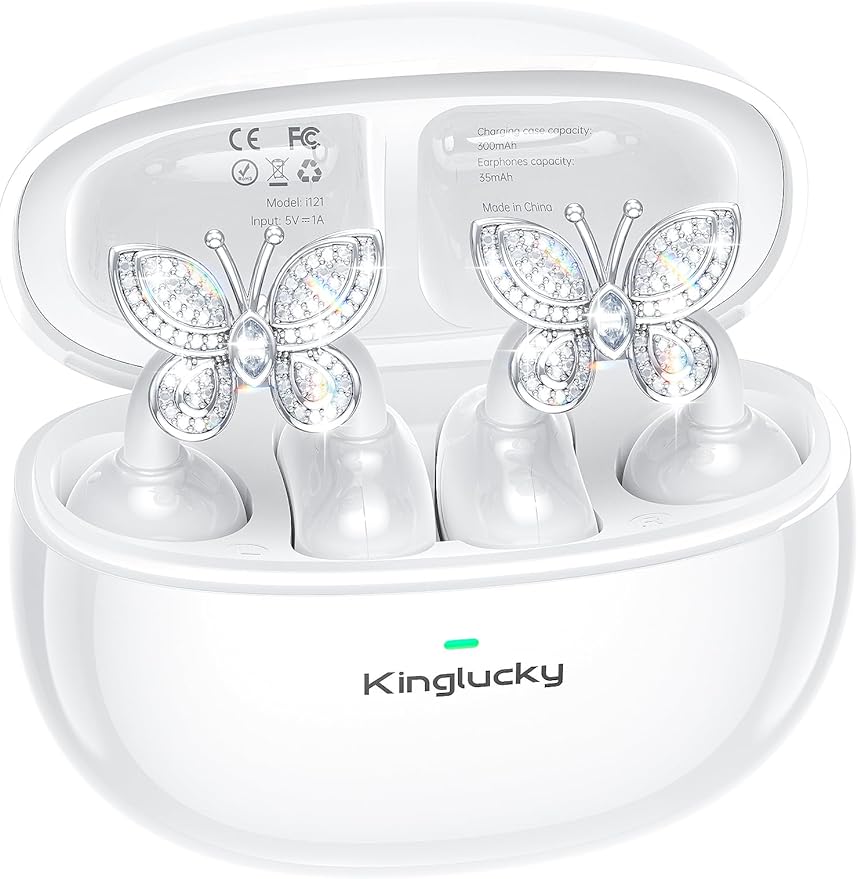 Kinglucky Jewelry-Inspired Clip-On Earbuds with Butterfly Earrings, Comfortable Fit & 40H Playtime Open Ear Bluetooth 5.4 Wireless Headphones for Women, Small Ears, Sports & Workouts (White)
