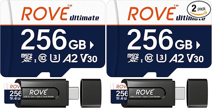 ROVE Ultimate Micro SD Card microSDXC 256GB Memory Card with USB 3.2 Type C Card Reader 170MB/s C10, U3, V30, 4K, A2 for Dash Cam, Android Smart Phones, Tablets, Games (Pack of 2)