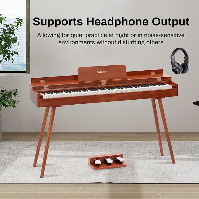 AODSK Digital Piano 88 Key Full Size Weighted Keyboard Overall Solid Wood Frame for Beginners with Sheet Music Stand Triple Pedal Power Adapter
