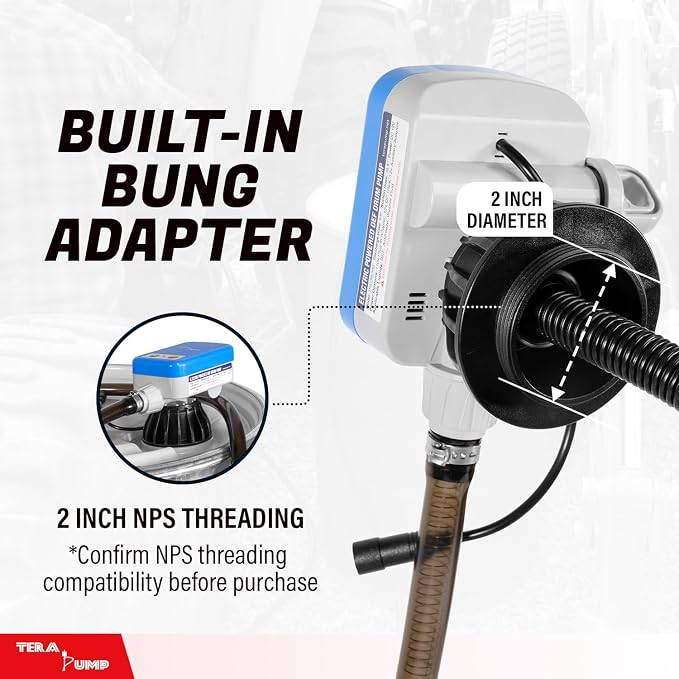 TERA PUMP Electric Powered 55 Gallon Drum Barrel Pump, 2.4GPM | Quick Stop Flow Control Nozzle, 9.8-ft XL Heavy-Duty Vinyl Hose, 39" Flexible Intake Hose, For DEF, Antifreeze, Washer Fluid