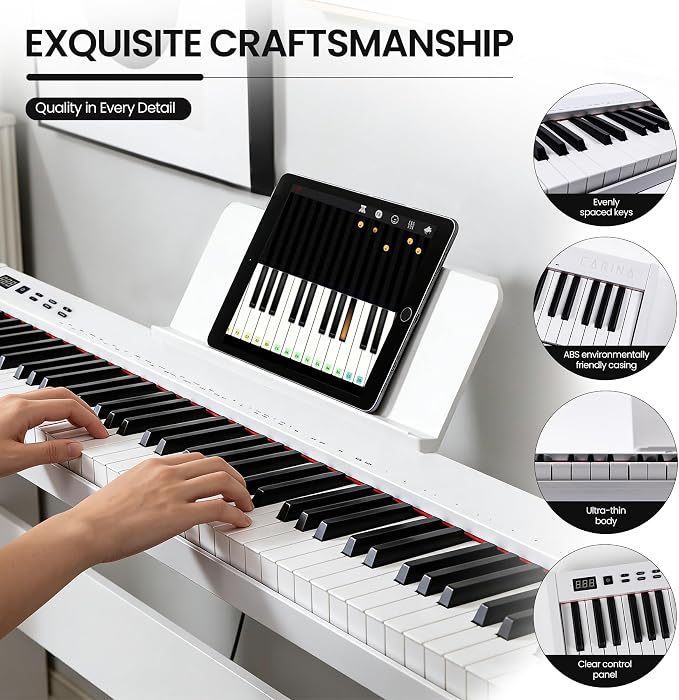 Carina 88 Key Piano Keyboard with Semi-Weighted Keys Portable Piano, 128 Tones, Speakers, USB-MIDI, Carry-Bag, Sustain Pedal, Electric Keyboard Piano for Beginners, (White)