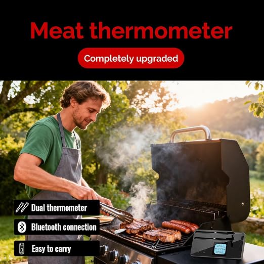 Dual Probe Wireless Meat Thermometer, Works Without APP, IP67 | Dual separate probes dual sensor tracks meat & oven temps. 4x4" backlit display. APP optional. 40hr battery. IP67 waterproof.