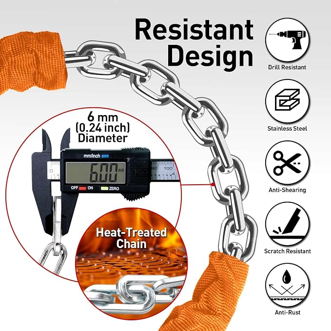 Bike Chain Lock Security 5 Digit Resettable Combination, 51.2 inches Heavy Duty Anti Theft Lock Chain for Bicycle, Motocycle, Scooter, Gate, Fence (Orange, 4.2ft)