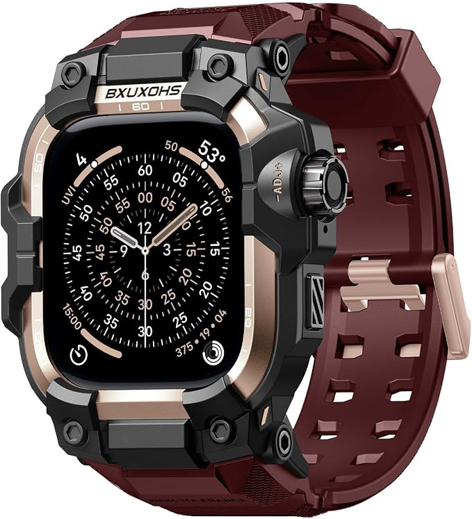 BXUXOHS Rugged Case and Band for Apple Watch 46mm Men, Compatible with Apple Watch Series 11/10, Military Grade Shockproof Bumper Cover, Tactical Band Case for iWatch 11/10 Man, Wine Red