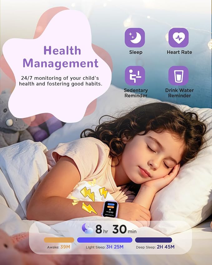 Kids Smart Watch, No App or Phone Needed, Fitness Tracker Watch, Heart Rate, Puzzle Games, IP68 Waterproof, Sleep Monitor, for Boys Girls Ages 4-12, Purple