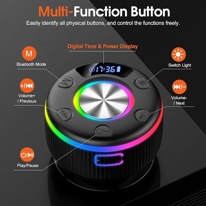 Portable Speaker Bluetooth with Loud Stereo Bass Sound, Mini Wireless Speaker with 7 RGB Lights, TF-Card USB, TWS Pairing, 4H Playtime, IP7 Waterproof Speakers for Travel Party Home Outdoor Gift