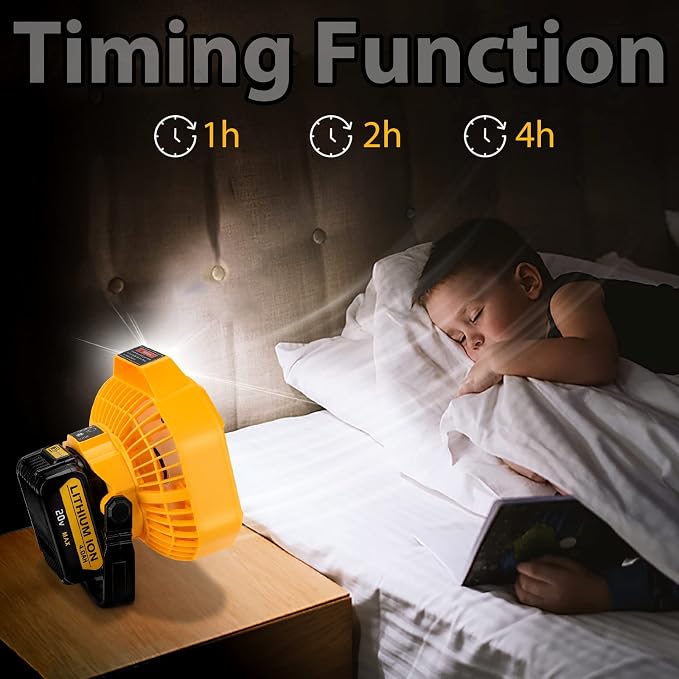 Taingwei Portable Fan with Remote for Dewalt 20v 60v Battery,Battery Operated Fan with 3 Energy Efficient Speed Settings and Dimmable Led Light for Camping,Emergency and Job Site(Tool Only)