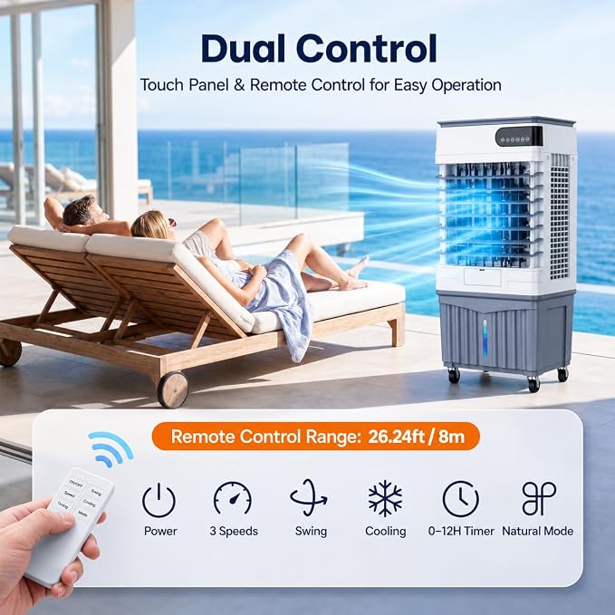 2800CFM Swamp Cooler, Portable Evaporative Air Cooler with 8.3 Gal Water Tank, 4 Ice Packs, 120° Oscillation, 3 Speeds & Modes, 12H Timer, Remote Cooling Fan for Large Room Garage