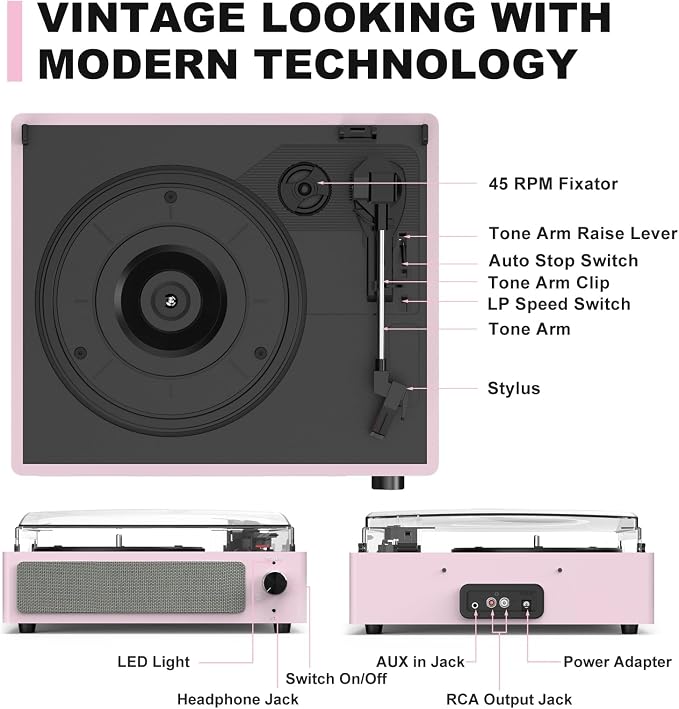 Record Players for Vinyls Turntable with Speakers Belt-Driven Turn Tables LP Phonograph Support 3-Speed Full Size Bluetooth Wireless Playback Headphone AUX RCA Line New Sleek Pale Light Pink