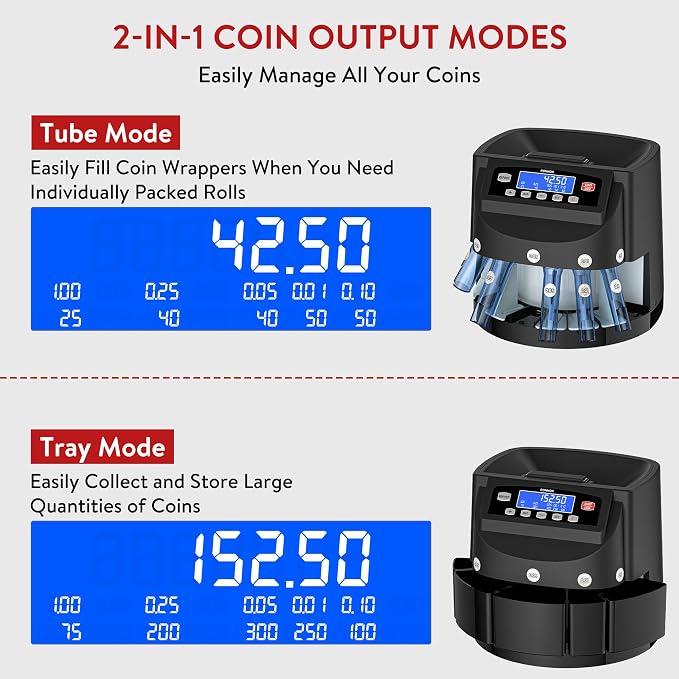 PONNOR Coin Counter Machine Sorter Change and Wrapper Roller Counting Organizer Sorts up to 300 Coins Per Minute Automatically Sorts and Batches - Black