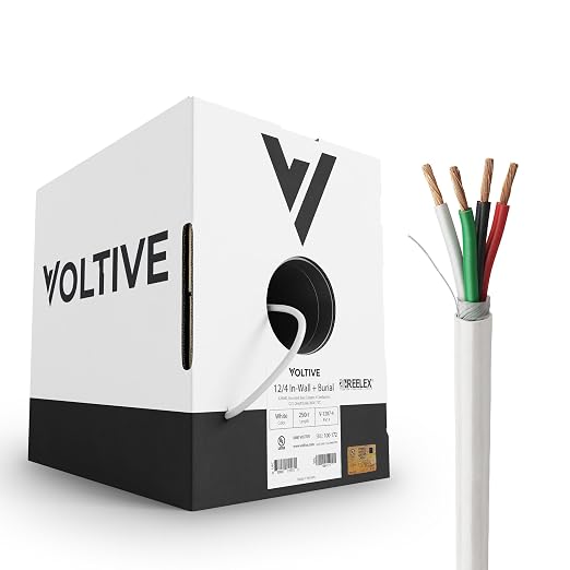 Voltive 12/4 Speaker Wire, in-Wall CL3 & Direct Burial, White, 250ft - 12AWG, 4 Conductors, Stranded Oxygen-Free Copper, UL Listed - V-1207-4