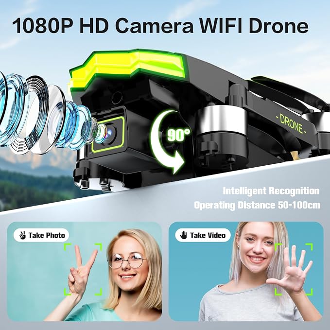 Drone with Camera 1080P for Kids and Adults, Foldable Drone with Brushless Motor RC Quadcopter, Toys for Boys and Men Birthday Gifts (Green)