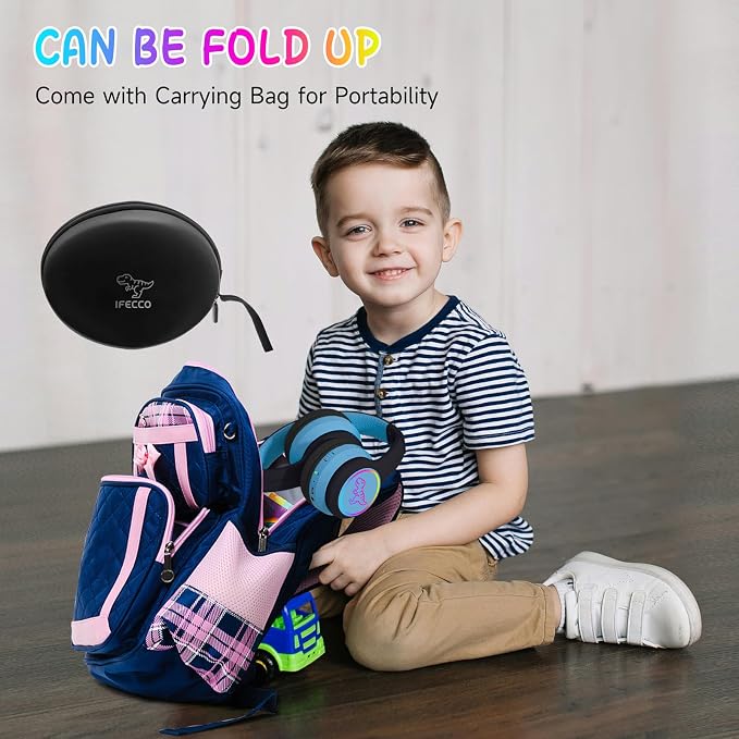 IFECCO Wireless Kids Boys Headphones with Microphone,Cute Light Up Dinosaur Children Boys Bluetooth Headphones with Case for School Travel Gifts