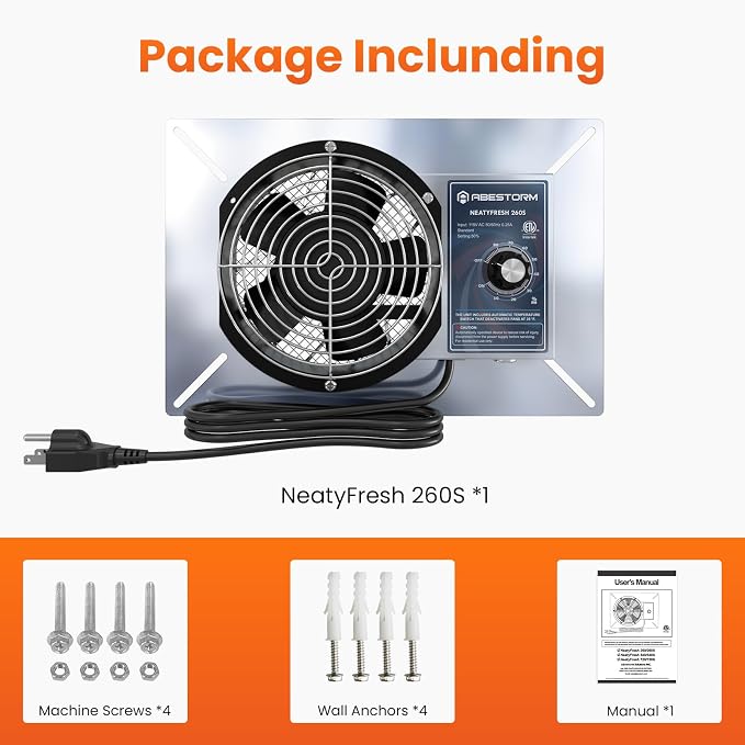 Abestorm 260CFM Crawl Space Ventilation Fan, IP-55 Rated Commercial Stainless Steel Vent Fan with Humidistat & Thermostat, 6.7 Inch Ventilator with Isolation Mesh for Crawlspace, Basement, Garage