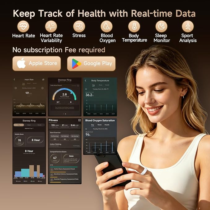 Smart Ring for Women & Men, Fitness & Activity Tracker, Sleep Monitoring, 7-Day Battery Life, 5ATM Waterproof, No Subscription Fee, iOS & Android Compatible (White, 9)