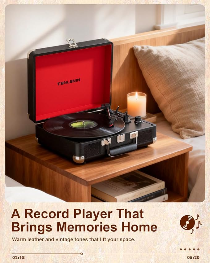 TANALNIN Vinyl Record Player, 3-Speed Bluetooth Portable Suitcase Turntable with Built-in Speakers, USB Recording, RCA Output, AUX Input/Output, Vintage Vinyl Player for Home, Bedroom or Gifting,Black