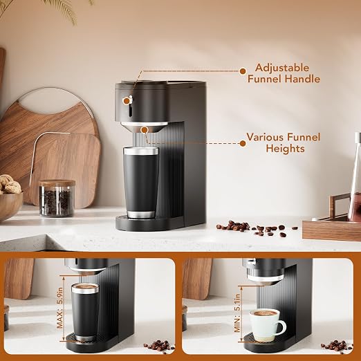 COWSAR Single Serve Coffee Maker, Two Holders for Capsule & Ground, Adjustable Funnel Height, Brew 6oz to 14oz, One-Touch Switch, Security protection, Easy to Clean, Commercial Ideal for Home/Office