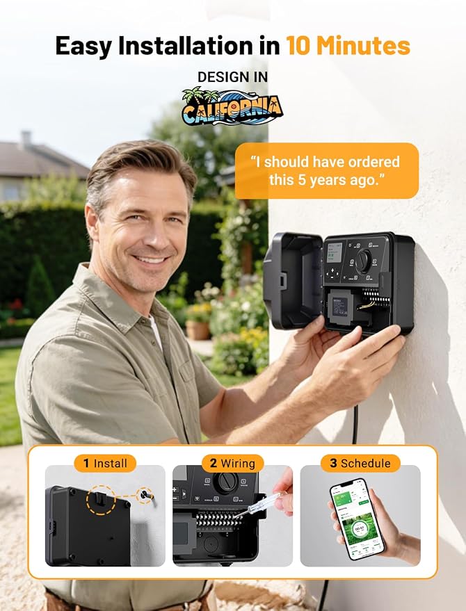 Outdoor Smart Sprinklers Controller 2.4GHz WiFi, Irrigation Controller Easy Use App Enabled, 16 Zones + 16 Plans, Save Water Auto Skip Rain, Freeze & Wind, 10 Minutes Install