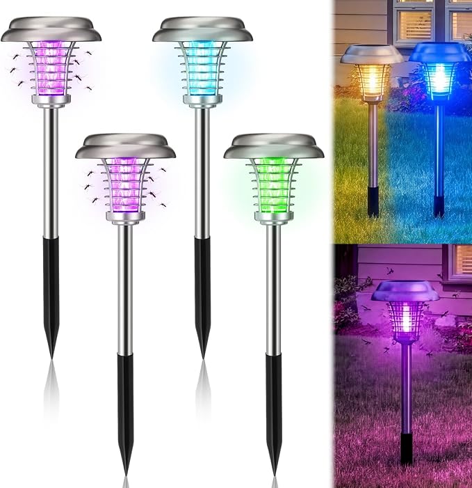4 Pcs Solar Bug Zapper Outdoor Waterproof Mosquito Repellent light Solar Power Fly Killer lamps for Moths, Gnats, Fly, Small Flying Insect Backyard Garden Lawn (Stainless Steel,Purple & Colored Light)