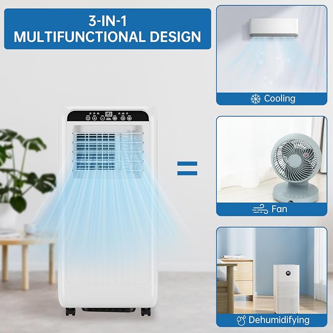Garvee 8000 BTU Portable Air Conditioners, 3 in-1 Portable AC with 24H Timer & Remote Control, Dehumidifier, and Fan Mode, Black