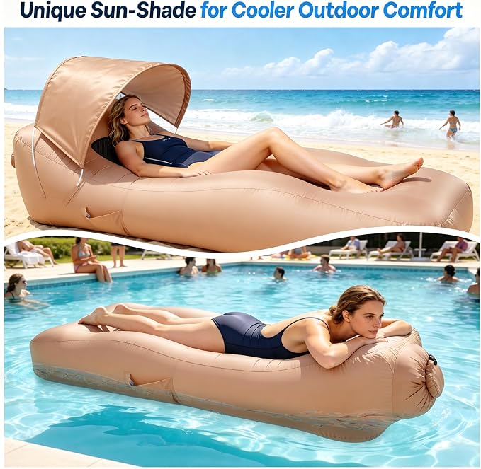 Inflatable Lounger Air Sofa with Unique Sun-Shade, Waterproof Inflatable Beach Bed with Electric Pump, Lightweight Air Hammock Chair for Hiking Backyard Travel Beach Park Picnics（Beige）