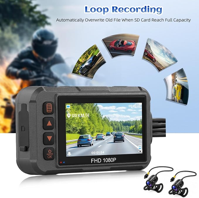 Motorcycle Dash Cam Dual HD Camera Front and Rear View,3" IPS Screen 1080P IP65 Waterproof 150° Wide Angle Sportbike Recording DVR with G-Sensor,Loop Recording,Night Vision,Parking Monitor