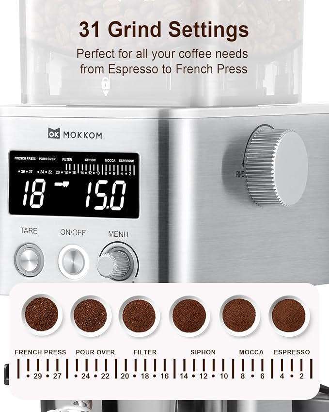 MOKKOM Electric Conical Burr Coffee Grinder with Removable Coffee Scale, Anti-static Coffee Bean Grinder, 31 Grind Settings and Precision Timer for Espresso Pour Over, French Press Stainless Steel
