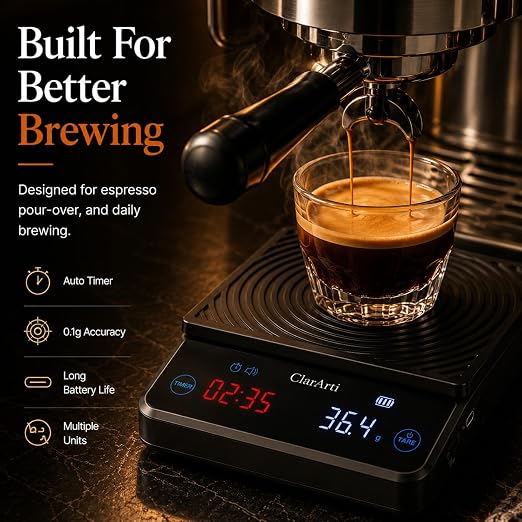 Coffee Scale with Timer – 0.1g Precision Espresso Scale for Pour Over & Espresso, Auto & Manual Timer, USB-C Rechargeable, Water-Resistant