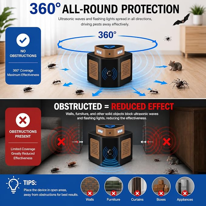 Tirgo Mouse Repellent Ultrasonic Plug in, Ultrasonic Pest Repeller Indoor, 360° Ultrasonic Rodent Repeller with 4-Modes & LED Strobe Light for Home, Attic, Basement, Garage and Warehouse