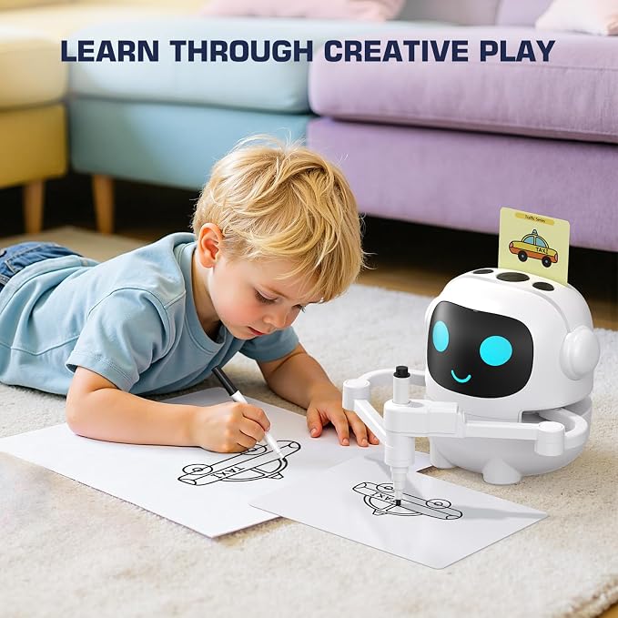Drawing Robot for Kids, 200 Cards Voice Interactive Educational Toy for 3 4 5 6 7 8 Year Old Boys and Girls. Montessori Painting Learning Robot with Music, Party Birthday Gifts