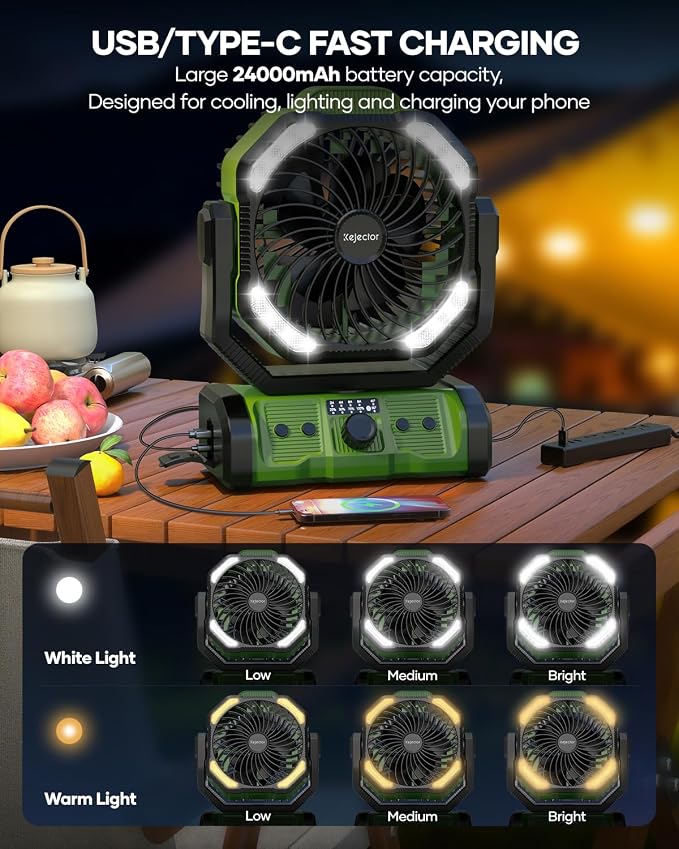 kejector Portable Camping Fan, 24000mAh Rechargeable Battery, Dual Motor & 8 Blades, Remote & Timer, 6 Speeds + Auto Swivel, LED Light for Tent, Travel, Camping Essentials