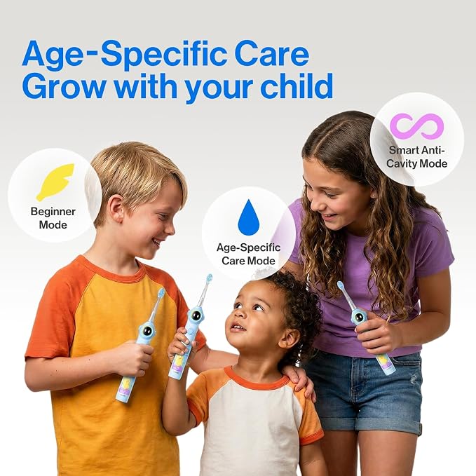 usmile Q30 Kids Sonic Electric Toothbrush, Voice-Guided Full-Mouth Coaching, Missed Spot Alerts & Smart App Reports, Extra-Soft Brush Heads, USB-C Rechargeable, IPX8 Waterproof (Ages 3–12, Blue)