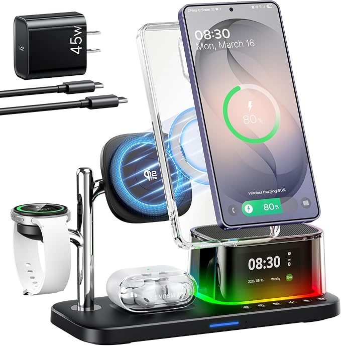 Meifigno 25W 5 in 1 Charging Station for Galaxy S26 Ultra with Bluetooth Speaker/Alarm Clock/Night Light, Qi2.2 Fast Magnetic Wireless Charger with 45W Adapter for S26/Z Fold7, for Galaxy Watch 8/Buds