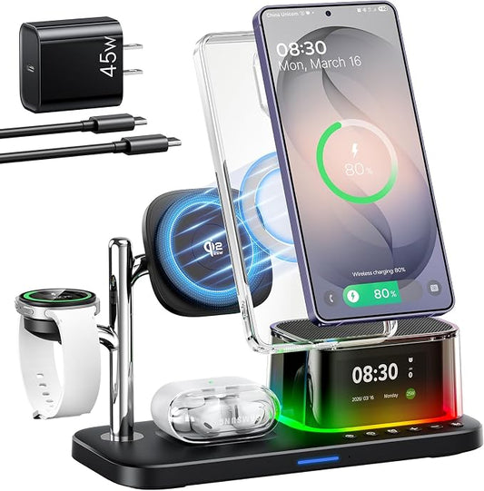 Meifigno 25W 5 in 1 Charging Station for Galaxy S26 Ultra with Bluetooth Speaker/Alarm Clock/Night Light, Qi2.2 Fast Magnetic Wireless Charger with 45W Adapter for S26/Z Fold7, for Galaxy Watch 8/Buds