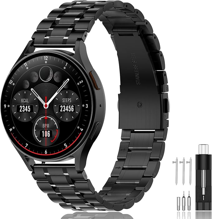 SUPLINK Compatible with Samsung Galaxy Watch 7 6 5 4 Band 44mm 40mm/5 Pro 45mm/Galaxy Watch 6 4 Classic Bands 43mm 47mm 46mm 42mm/Active Women,20mm Stainless Steel Metal Replacement Strap Black