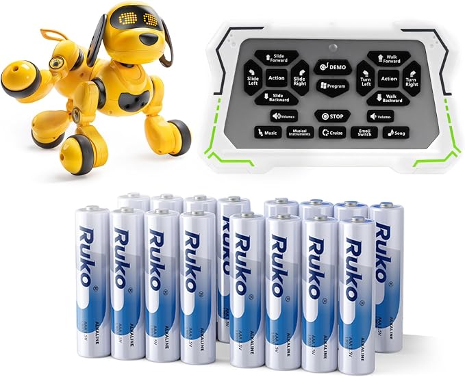 Ruko 18011 Smart Robot Dog Toy Yellow and AAA Alkaline Batteries 16 Pack for Remote Control
