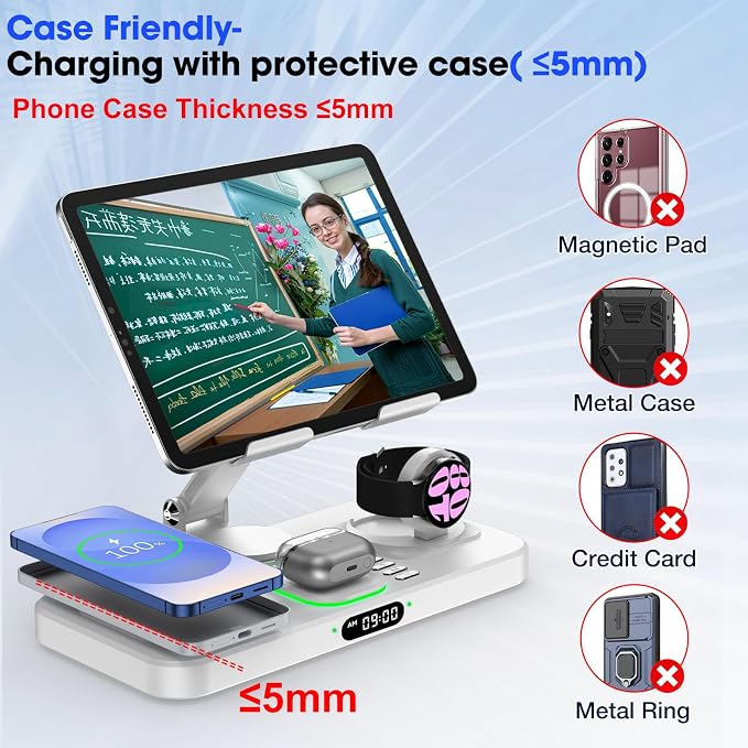 30W Tablet Wireless Charger for Samsung, Foldable Android Charging Station with Clock Display with 7-Color Light, Wireless Watch Charger for S25, Only Compatible Samsung Watch, Galaxy Buds3 Pro(White)