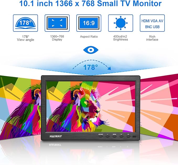 Haiway 10.1 inch Security Monitor, 1366x768 Resolution Small HDMI Monitor Small Computer Monitors with Remote Control with Built-in Dual Speakers HDMI VGA BNC USB Input for Gaming CCTV Raspberry Pi PC