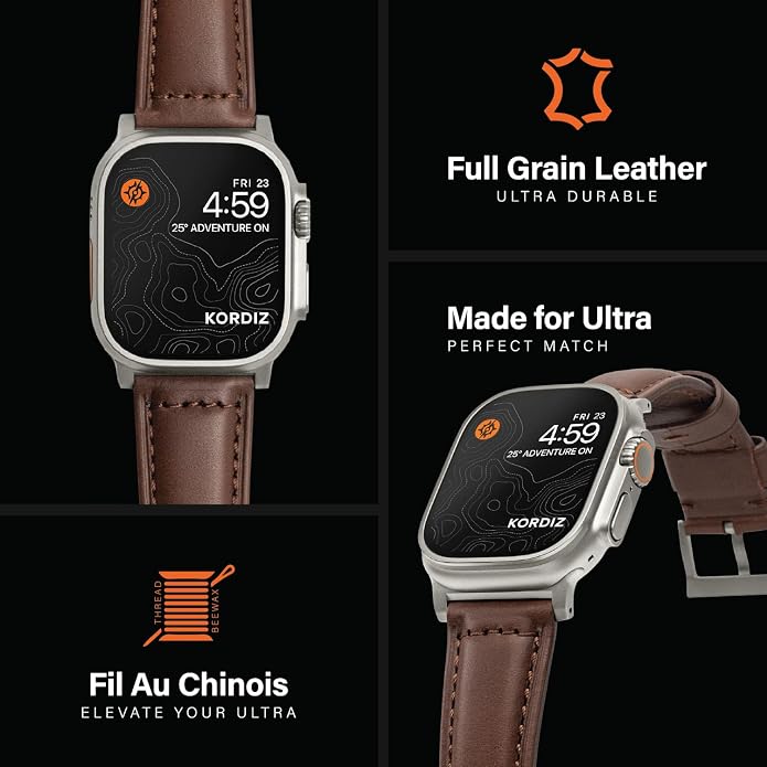 KORDIZ Traditional Leather Band for Apple Watch ULTRA 3, ULTRA 2/1 & Series 11, 10, 9, 8, 7-1, SE3, SE2, SE - Genuine Full Grain Leather Wristband - Men Women Replacement Band for iWatch Apple Watch [ 49mm 46mm 45mm 44mm ]