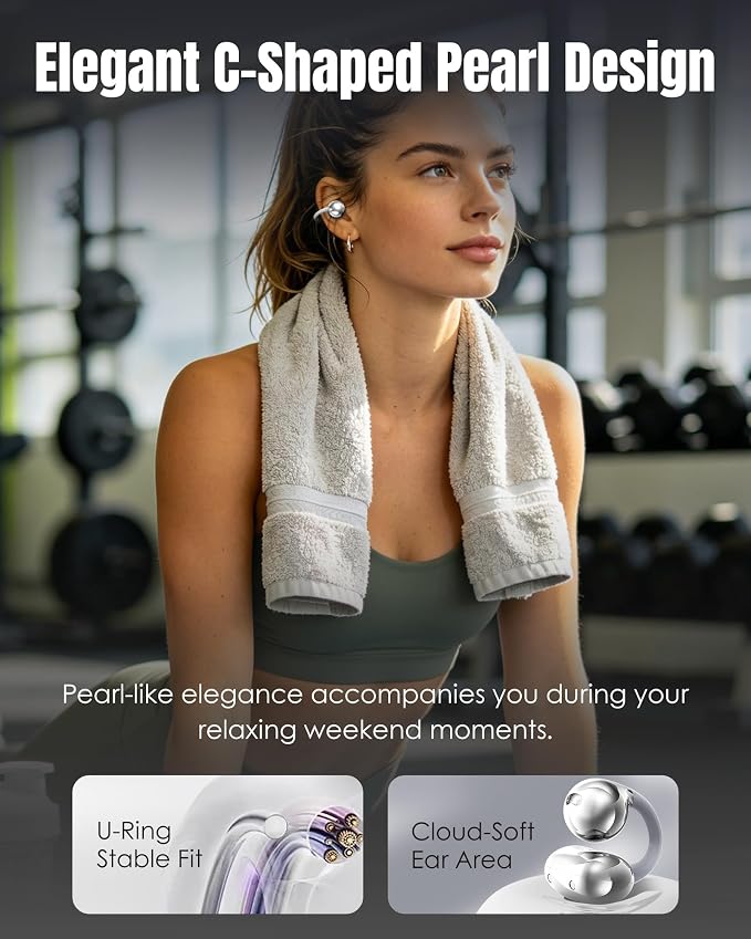 King Lucky Next-gen Clip on Earbuds Open Ear Wireless Bluetooth 6.0 Headphones with Mic,50H Play,ENC,IPX5 Waterproof,Sports Ear Buds,Comfortable for Small Ears&Fitness,Run (Silver, Digital Display)