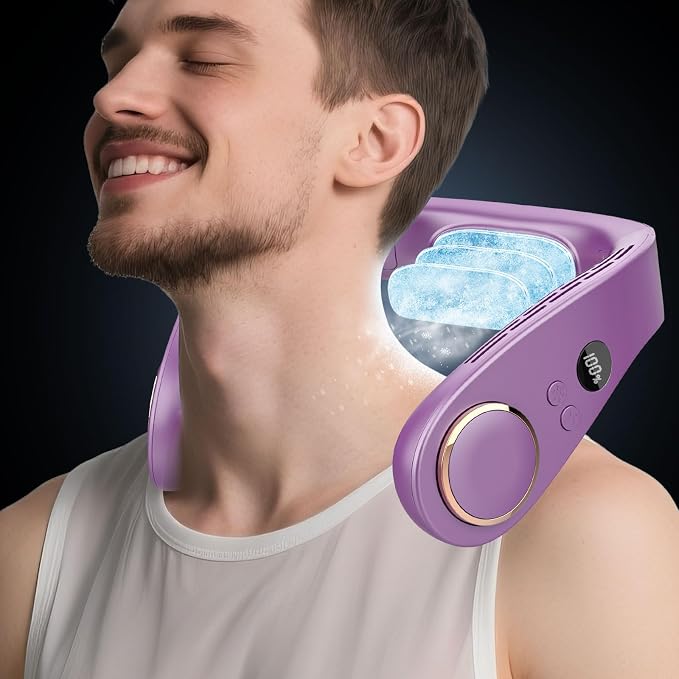 Personal Neck Fans that Blow Cold with Cooling Plate, Wearable Around Bladeless Cooling Device, Rechargeable Head Neck Coolers for Kids Women Men Extremely Hot Weather Outdoor Indoor, Dark Purple