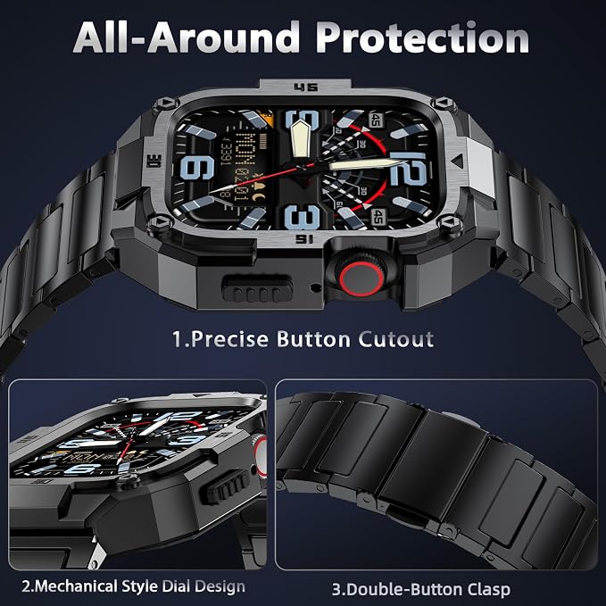 Casual Stainless Steel Band/Case Compatiable for 45mm Apple Watch Band for Men, Rorust Metal Apple Watch Bumper Case Cover with Solid Replacement Strap for iWatch Band Series 9 8 7,Black