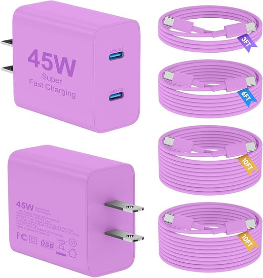 Super Fast Samsung Charger Type C, 2Pack 45W Dual Port USB C Fast Charger Block with Long 60W 3/6/10/10FT USB C To C Cable for Samsung Galaxy S25/S25 Ultra/S25+/S26/S24 Ultra /S24/S23/iPhone 17-Purple