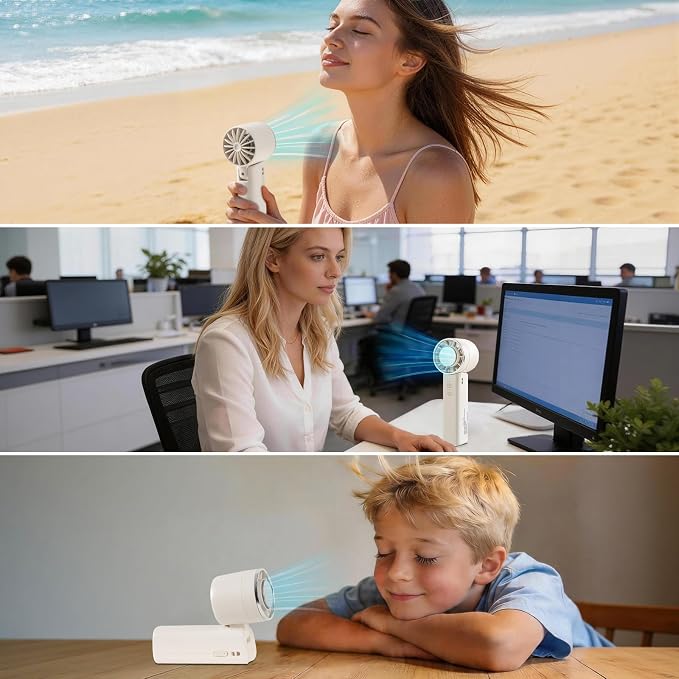 Hand Held Fan - 4 Speeds Adjustable 4800mAh,Foldable,Lightweight Neck-Worn Design,Beach Vacation Essentials,Portable Fan for Travel,Cooling for Camping Outdoor and Indoor - Beige