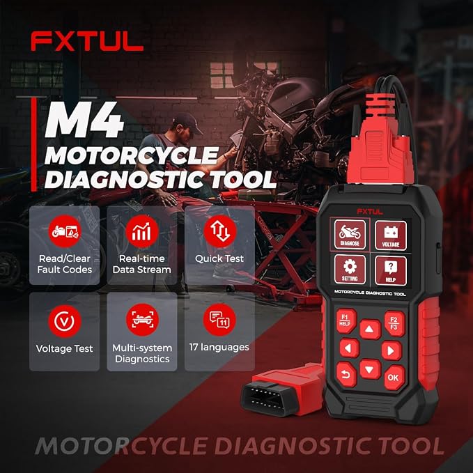 M4-EU Motorcycle OBD2 Scanner Full System Diagnostic Scan Tool | Honda Yamaha Kawasaki Suzuki KTM Vespa, ABS TPMS IMMO ECU Reset, Bidirectional Test, Battery Test, Lifetime Updates